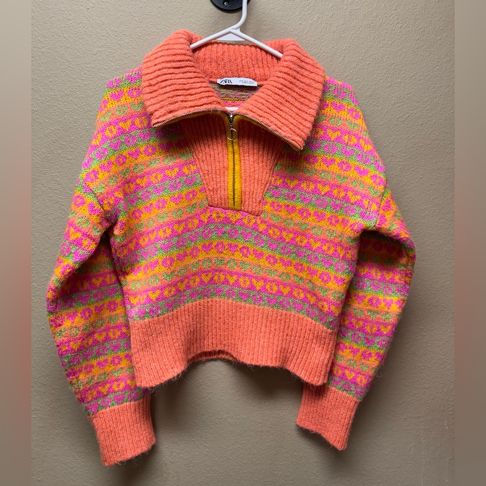 Zara Blogger Favorite Orange Heart Fair Isle Half-Zip Chunky Knit Sweater